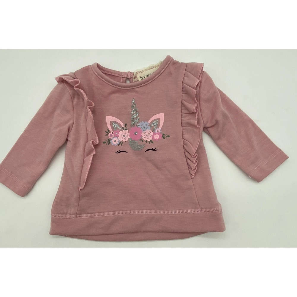 Btween Girls Mauve Pink Unicorn Floral Ruffle Long Sleeve Graphic Top 3M